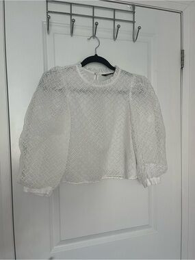 Zara White Sheer Textured Puff-Sleeve Blouse | Size S